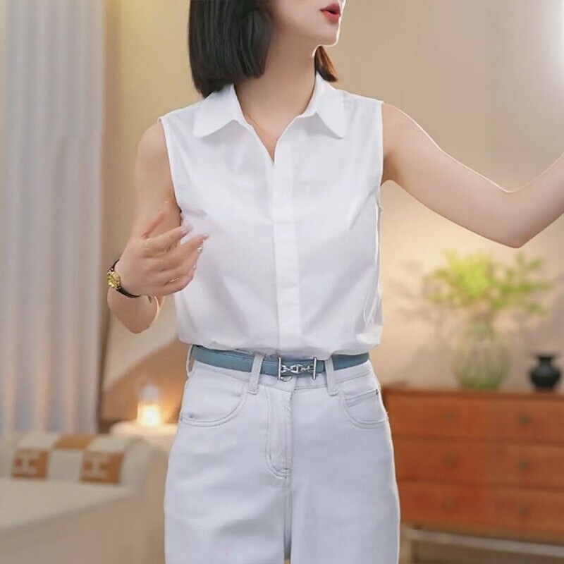 Plus-Size White Collared Sleeveless Shirt Vest for Women, 2026 Summer New Style, Versatile Base Shirt for Curvy Women Plus-Size White Collared Sleeveless Shirt Vest for Women, 2026 Summer New Style, Versatile Base Shirt for Curvy Women