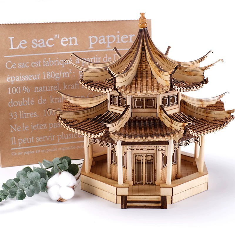 Деревянные материалы для антикварной архитектурной модели ручной работы в китайском стиле, собранные восьмиугольный павильон Хунань с тяжелыми карнизами, двойной павильон Феникса.