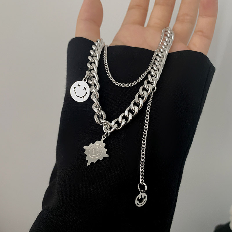 Collier hip hop double couche motif soleil et smiley en acier_voghion.com
