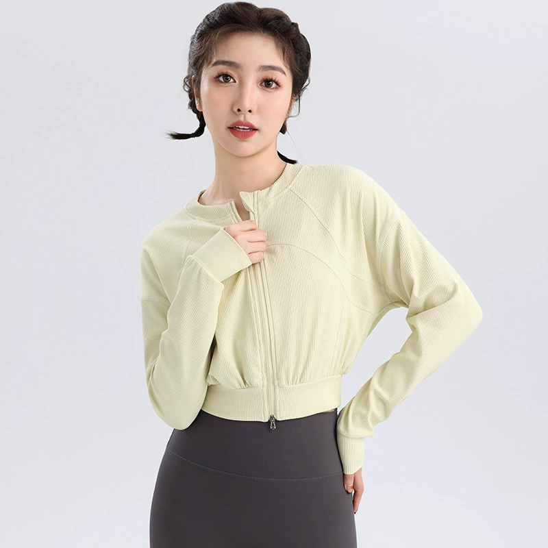 Осенне-зимнее спортивное пальто с резьбой, женская одежда для йоги с длинными рукавами, кардиган на молнии с круглым вырезом, тонкий уличный топ для фитнеса