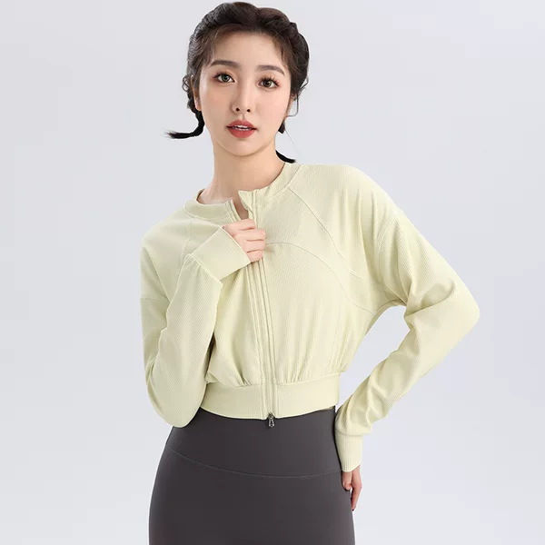 Threaded Autumn and Winter Sports Outwear Women's Long-Sleeved Yoga Wear Zipper Cardigan Round Neck Slim Outdoor Top Fitness