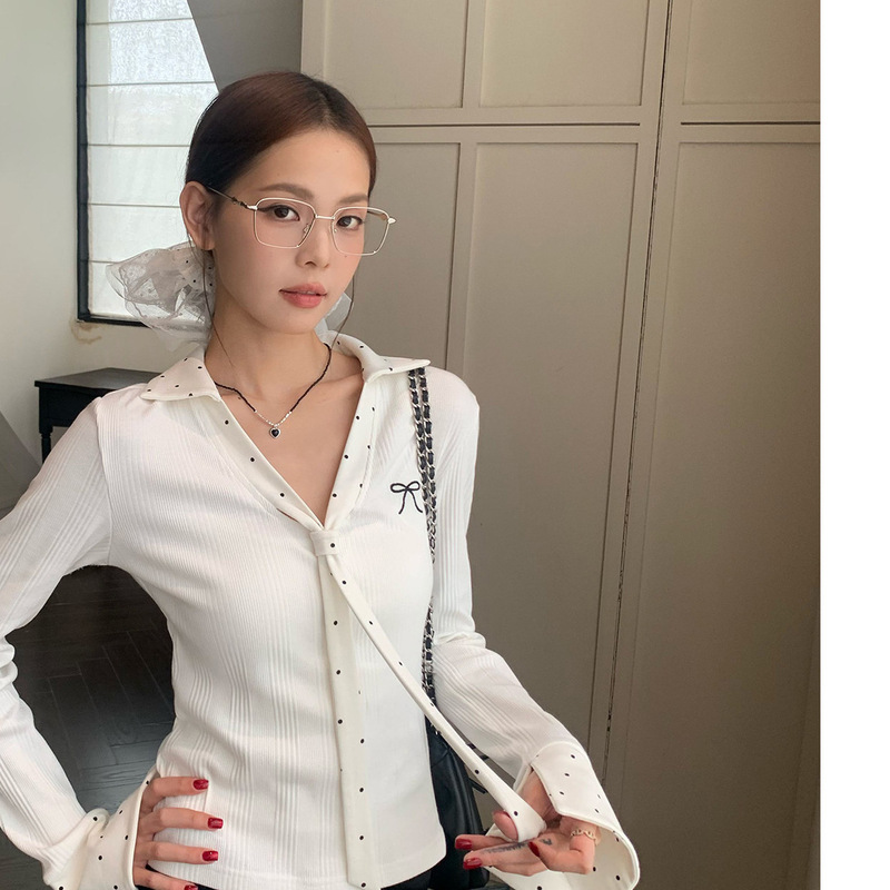 白色波点拼接polo领内搭打底衫女装秋季修身短款长袖T恤上衣跨境|undefined