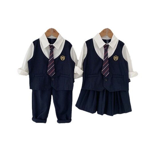 Tongchenchenma girls' college style fake two-piece suit autumn children's boys' long-sleeved shirts, trousers and pleated skirts