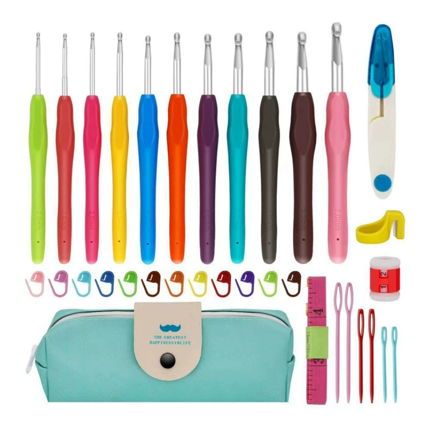 Набор для вязания крючком из 11 предметов, радужный, с цветными мягкими ручками из ТПР и алюминиевыми крючками, в сумке для хранения