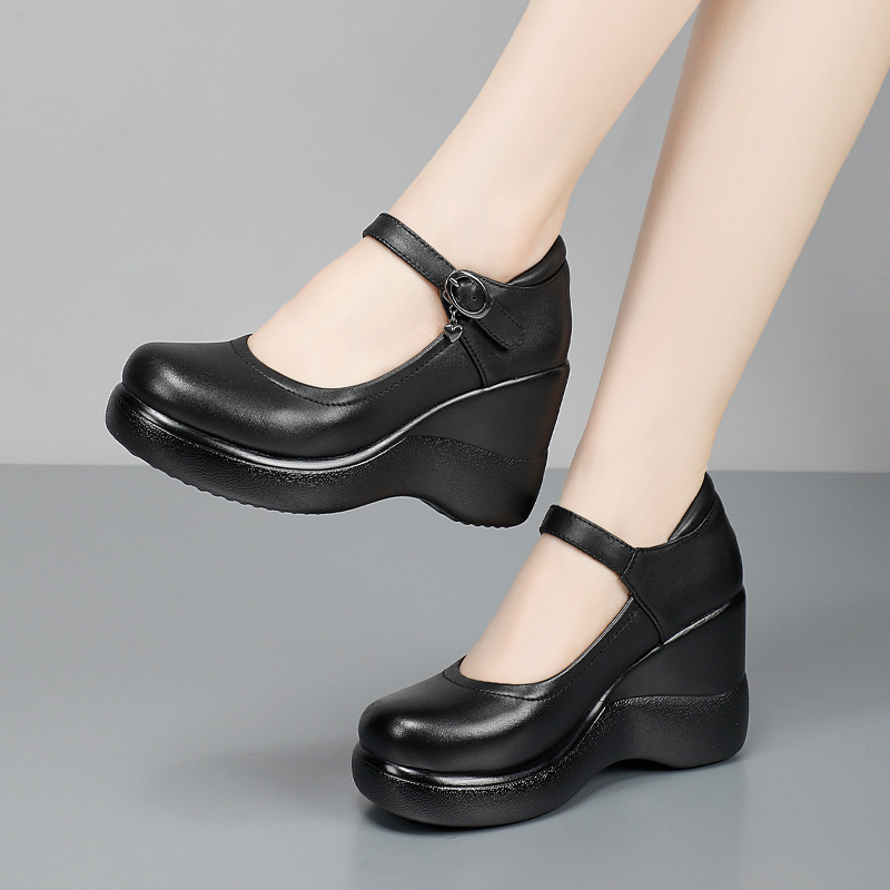 Leather Shallow Mouth Single-layer Shoes Wedge Heel Black One-word Buckle Strap Thick-soled Round-toed Leather Shoes Top Layer Cowhide Spring and Autumn Shoes Not Tired Feet