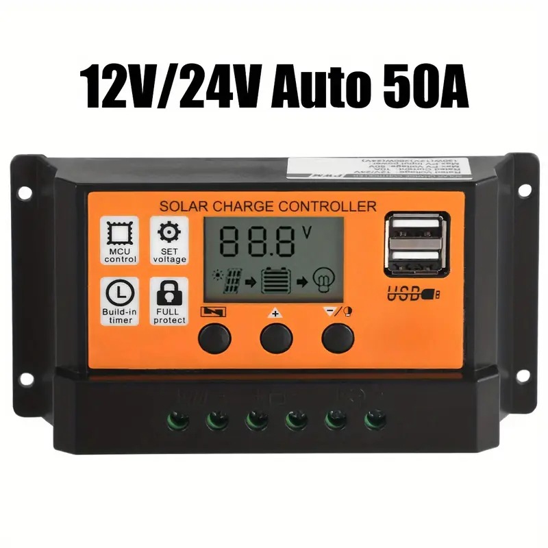 Controlador de carga solar - automático de alta eficiencia 12V / 24V con pantalla LCD, puerto USB dual