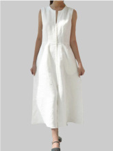 跨境 2022夏季新款欧美风棉麻收腰无袖V领连衣裙