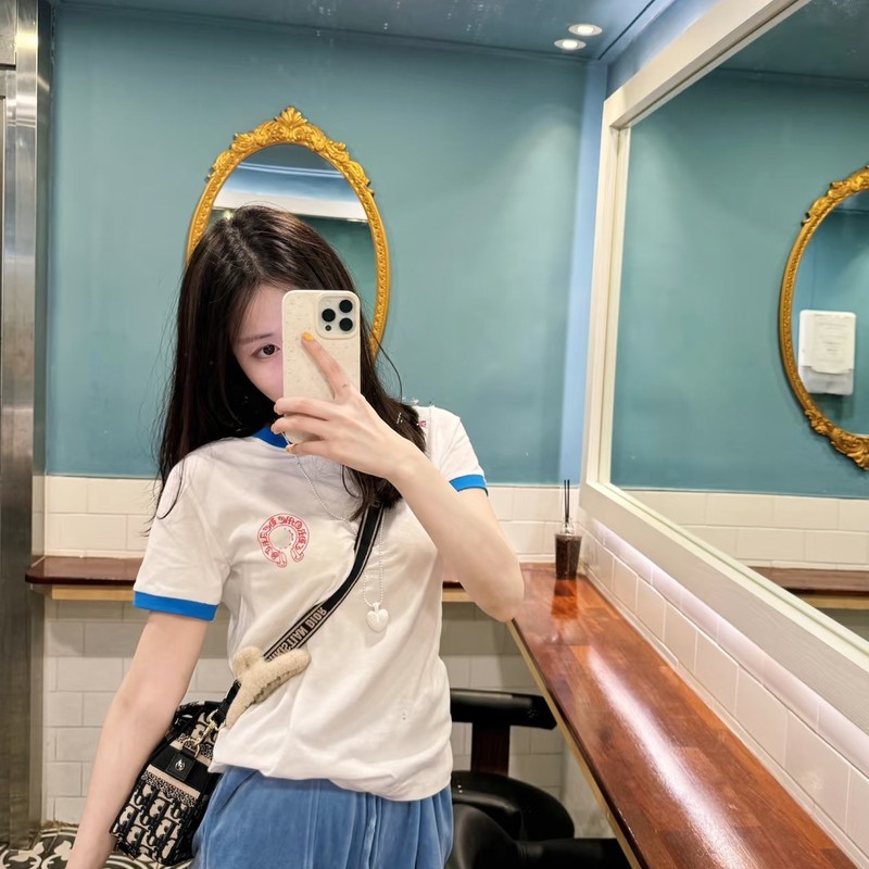 Ch25 Summer New Dopamine Color-Blocking Classic Series Round Neck Versatile Horseshoe Cuff Slim-Fit Short-Sleeve T-Shirt