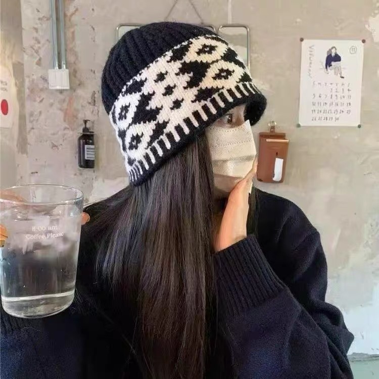 秋冬季小众复古菱形格子毛线帽子女高级感针织帽保暖防寒包头冷帽|undefined
