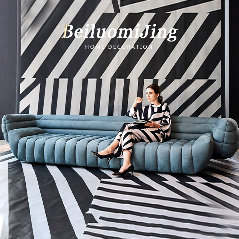 Italian brushed leather sofa for villa living room, modern Italian light luxury banana three-seater straight sofa furniture