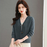 V领针织开衫外套女春秋2024新款小个子高腰配裙子外搭麻花毛衣薄，女装针织衫/毛衣，妃慕昵服饰
