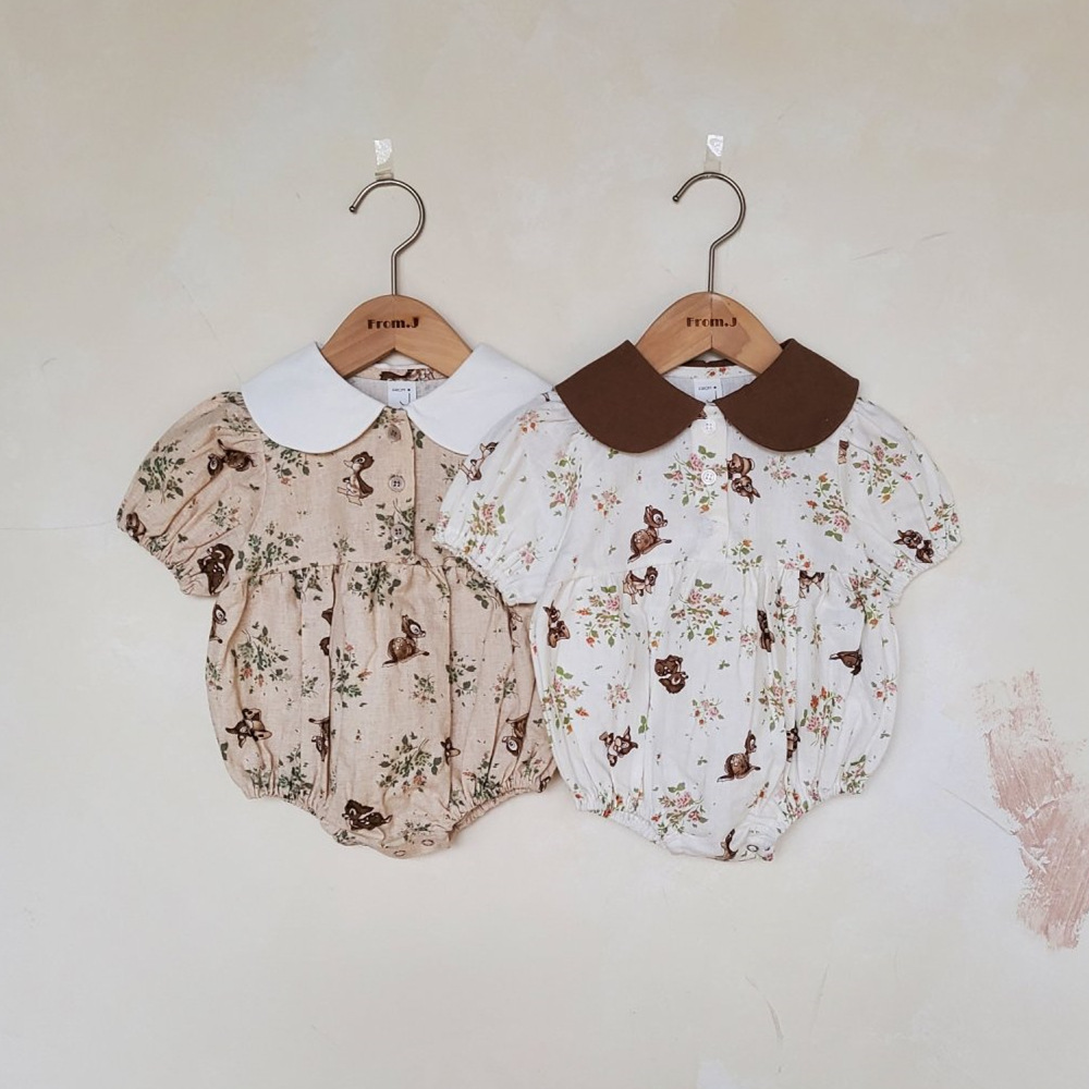 Estilo coreano ins bebé niña bebé algodón fino suave lindo ciervo solapa mono mameluco recién nacido impreso corto escalada
