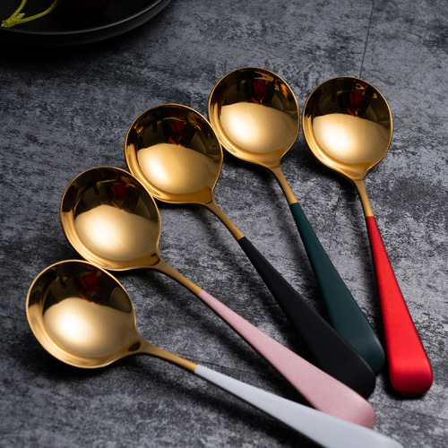 New trendy Korean-style tableware spoon, stainless steel round head gold-plated coffee spoon, dessert stirring spoon, factory wholesale