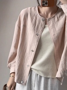Thin Ramie Sun Protection Shirt Women's Short Jacket Summer Women's Fresh Simple Breathable Top Long-Sleeved Shirt