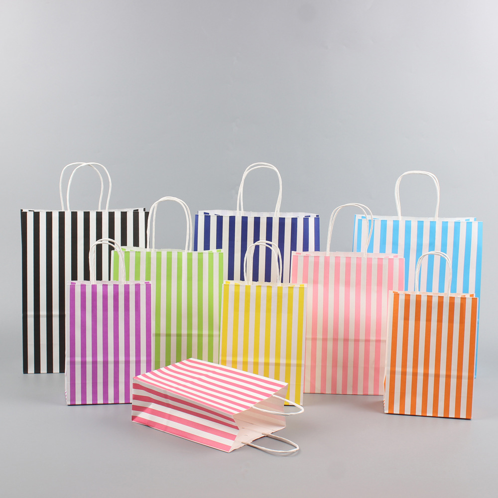 现货供应亚马逊跨境牛皮纸礼品手提包装袋竖条纹彩色糖果节日派对
