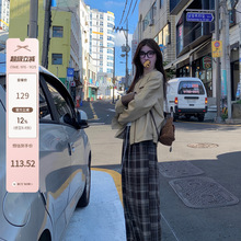 白水女 好穿咖啡裤 咖色格纹休闲裤女收腰显瘦复古慵懒风宽松长裤