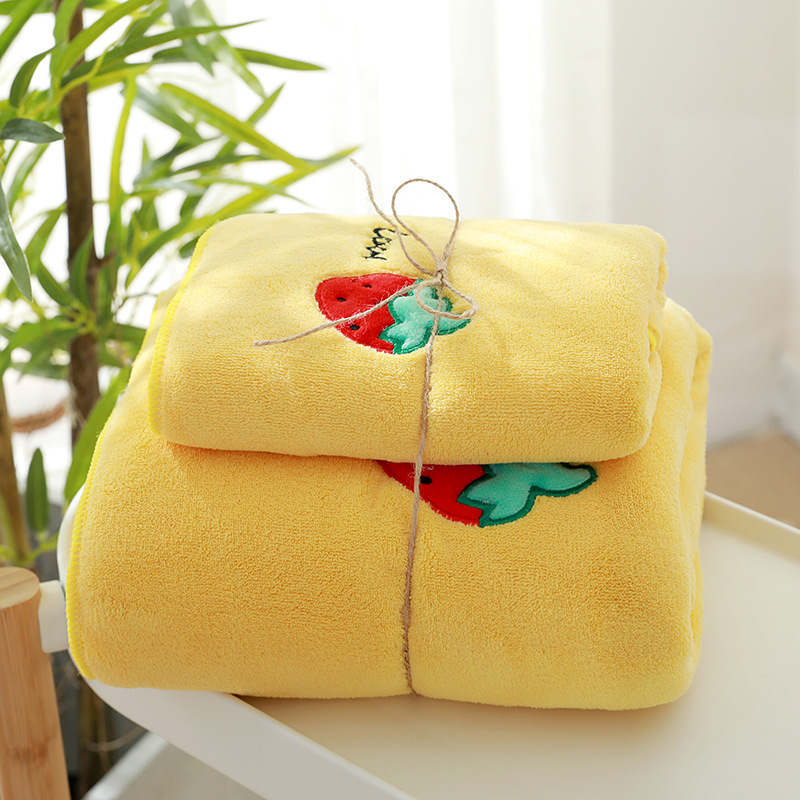 廠家批發水果刺繡珊瑚絨毛巾浴巾子母套巾柔軟吸水套巾禮品巾批發