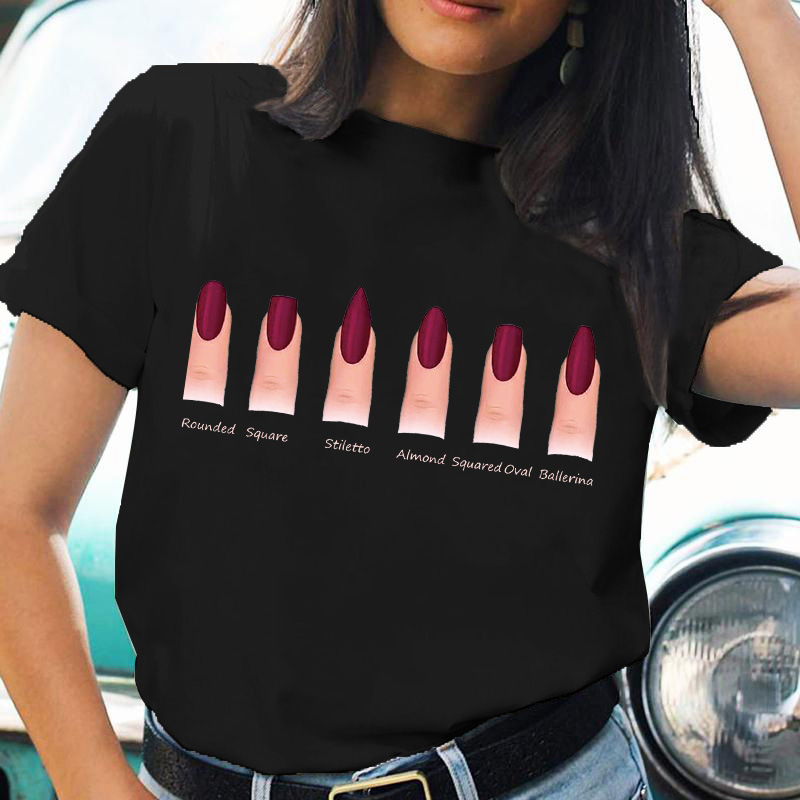 Nail shape printing fashion spring letter women's clothing Cartoon Summer original loose round neck cotton heavy fashion brand