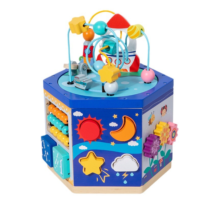 Diversión 7-en-1 multi-funcional de seis lados pintura cuentas redondas tesoro pecho ejercicio bebé pensando lógica educación temprana juguetes educativos