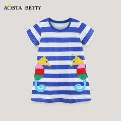 夏季新款女童連衣裙卡通海馬刺繡貼布公主裙歐美風格條紋圓領童裙