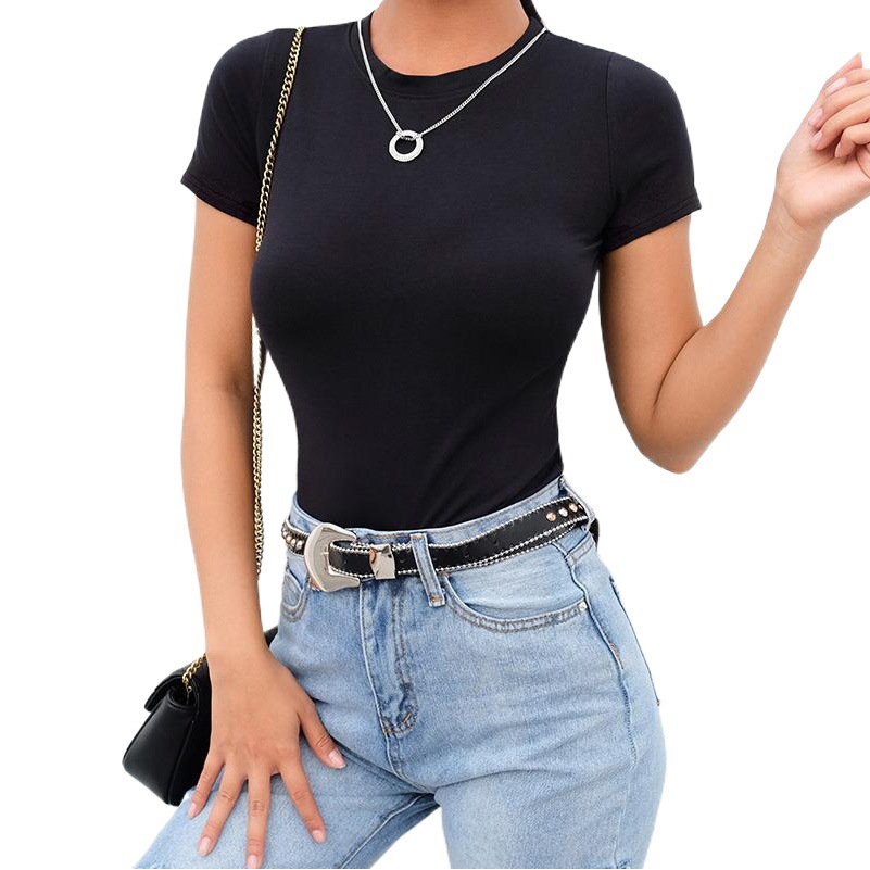 Camiseta popular europea y americana ropa de mujer 2023 verano nuevo Amazon color sólido todo partido cuello redondo Camiseta apretada de manga corta para mujeres