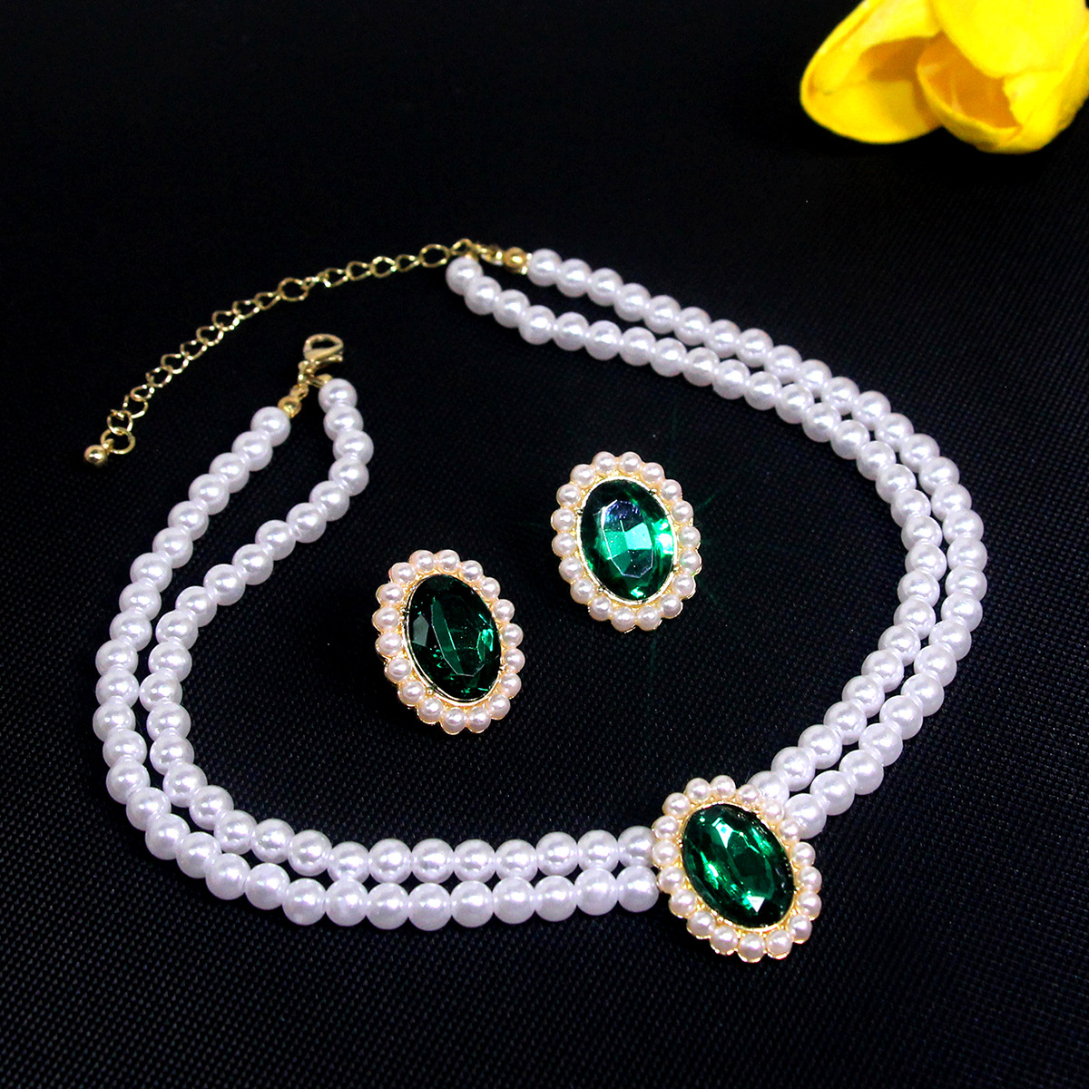 Oval Pattern Elegant Luxurious Oval Artificial Crystal Imitation Pearl Beaded Women's Earrings Necklace