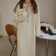 韩国chic秋冬法式慵懒风高领半拉链坑条宽松休闲长袖毛衣连衣裙女