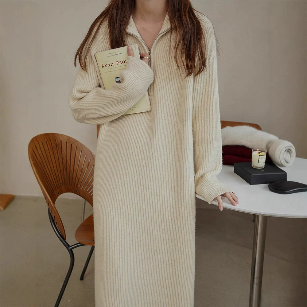 Корейское шикарное осенне-зимнее французское платье-свитер в ленивом стиле с высоким воротником и половиной молнии, свободное повседневное платье-свитер с длинными рукавами для женщин
