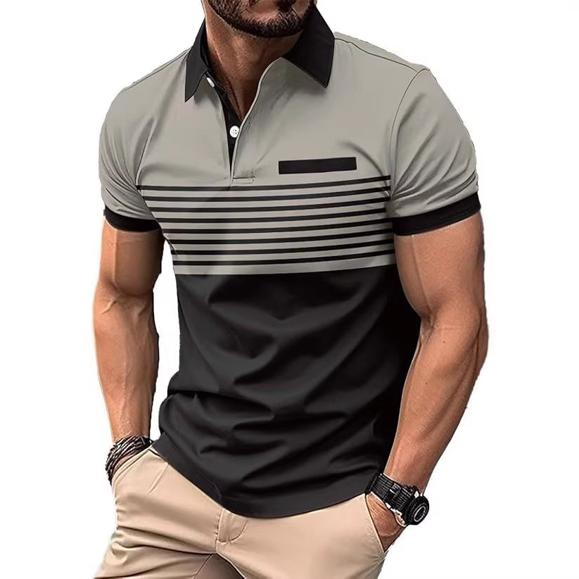 European and American Summer New Fashion Striped Digital Print Men's Polo Shirt with Buttons in Stock