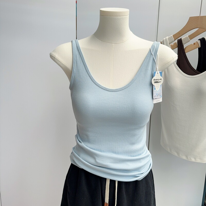 Silk Camisole with Chest Pads for Women, Spring/Summer Thin Style, Inner Wear, Beautiful Back Design, Can Be Worn as Outerwear, Large Open Back