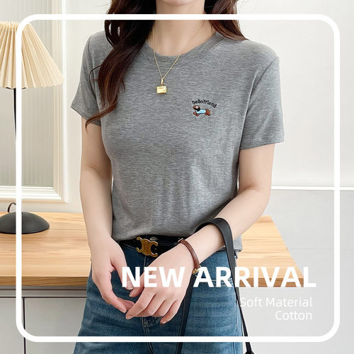 Tensi Lysel slim embroidered t-shirt shoulder summer women's short sleeve all-match round collar summer hot top for women