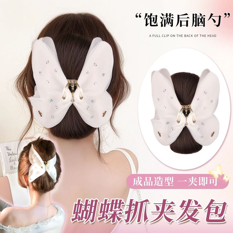 Hair Bun Wig for Women with Sheer Bow, Claw Clip Hair Bun, Realistic Natural Full Back of the Head Wig Ring