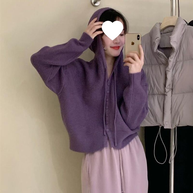 温柔风连帽针织开衫女装气质上衣宽松毛衣披肩外穿单排扣休闲卫衣|undefined