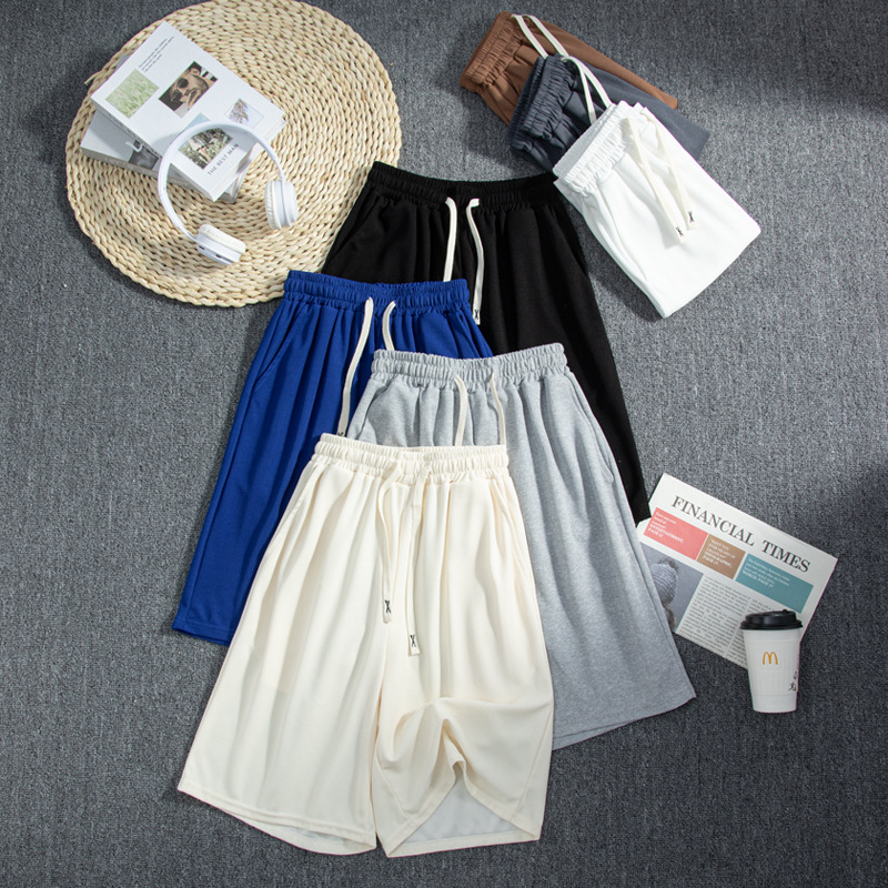 Primavera, verano y otoño nuevos pantalones de gofres de cinco puntos para hombres y mujeres con el mismo estilo pantalones casuales rectos pantalones simples de color sólido