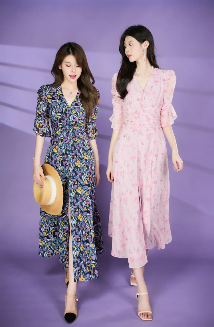 Đầm maxi nữ thắt eo họa tiết hoa nhí kiểu Pháp — Hồng anh đào mộng mơ chi tiết 1