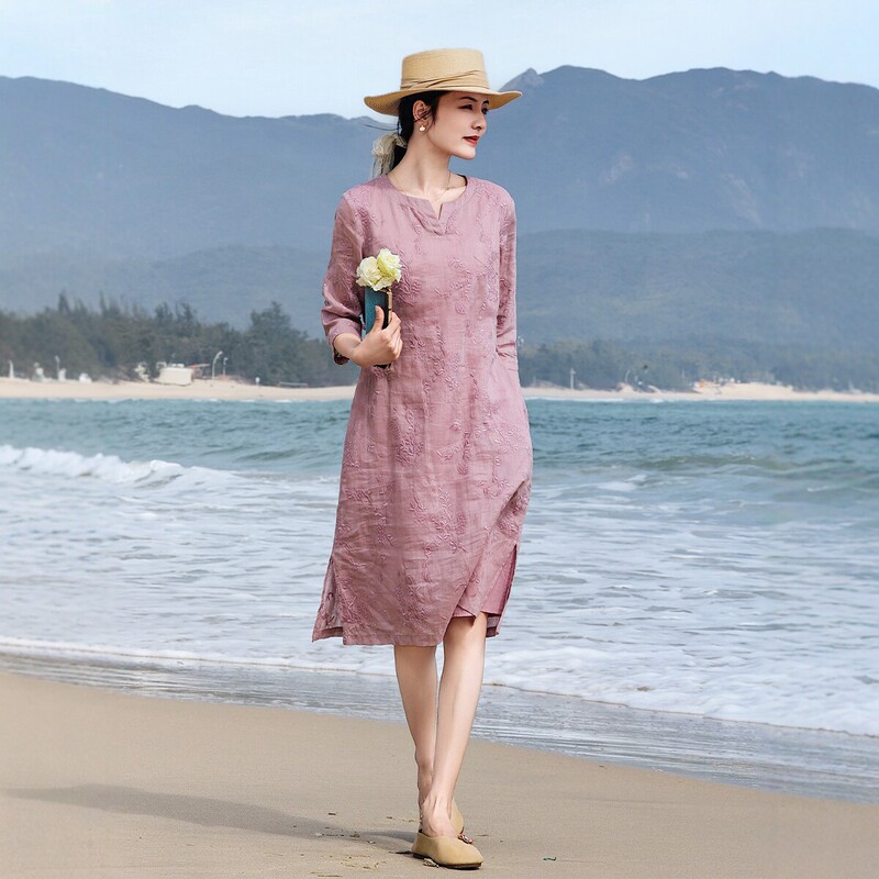 Artistic Ramie Embroidered Dress for Women, High-End 26 Summer New V-Neck Improved Cheongsam Style with Traditional Buttons, Retro A-Line Mid-Length Dress