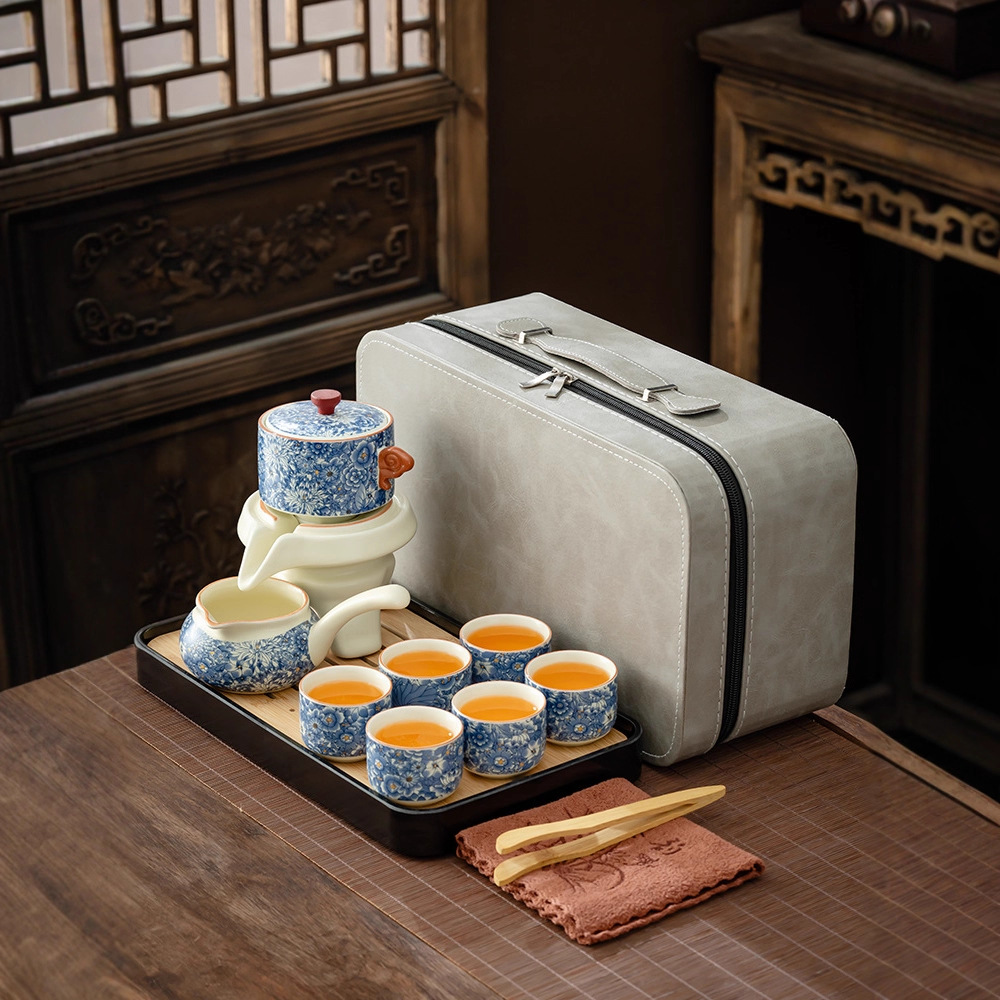 汝窑繁花自动茶具套装商务公道杯公司茶杯茶具户外汝窑伴手礼便携