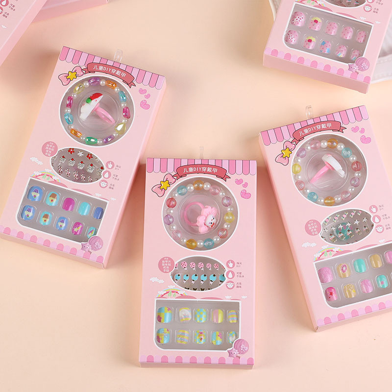 Children's Nail Sticker Self-adhesive Jelly Back Adhesive Wear Nail Pieces Girl Ring Bracelet Nail Art Patch Toy Set