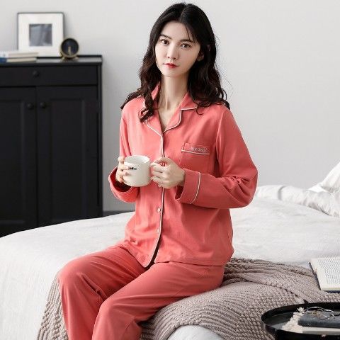 Pijamas mujer primavera y otoño 100% algodón de manga larga cardigan otoño algodón casual prendas de vestir exteriores ropa de hogar otoño e invierno dos piezas