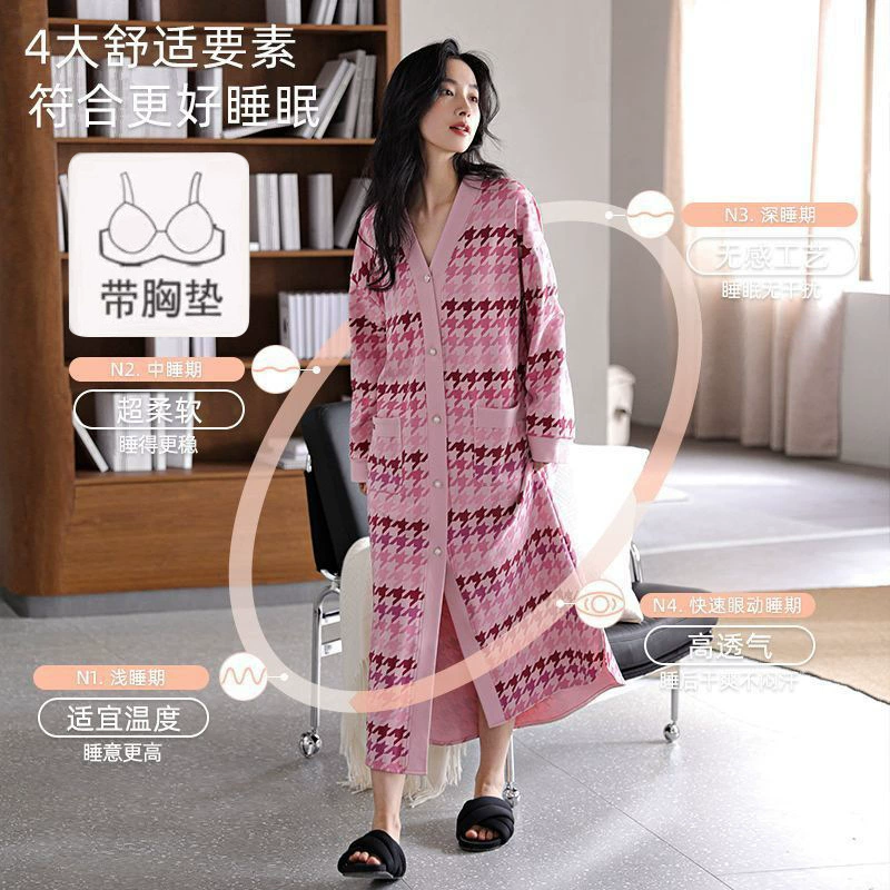 100% чистый хлопковый ремень нагрудная юбка для женщин весна и осень длинный рукав кардиган V-образный вырез средней и длинной свободной пижамы