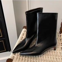 欧美风2025秋冬新款韩版复古尖头中筒靴女宽筒小猫跟时尚百搭短靴