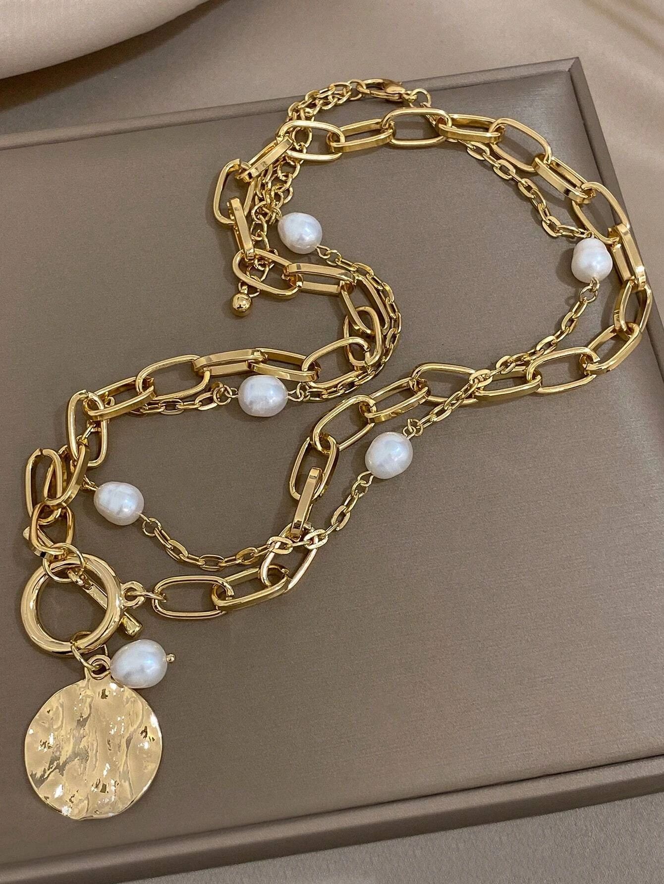 Irregular, Geometric Pattern Retro Irregular Geometric Pearl Alloy Pendant Necklaces Wholesale