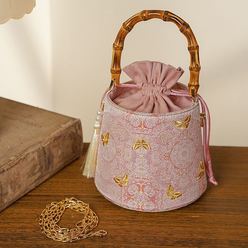 Golden Butterfly Garden Embroidered Handbag - Vintage Qipao Banquet Bag - High-Precision Embroidery Small Bucket Bag - Thumbnail 2