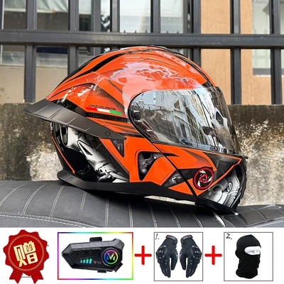 Motosiklet dəbilqələri — open-face helmet with dual visors, full-face helmet - m-orange-knight-aurora-silver-night-vision-y10-bluetooth-headset