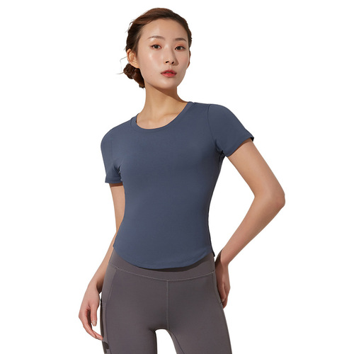 2024 Spring New Swallowtail Yoga Short-Sleeved Feminine Round Neck Sports Top Women's Cross-Stitching Fitness Wear