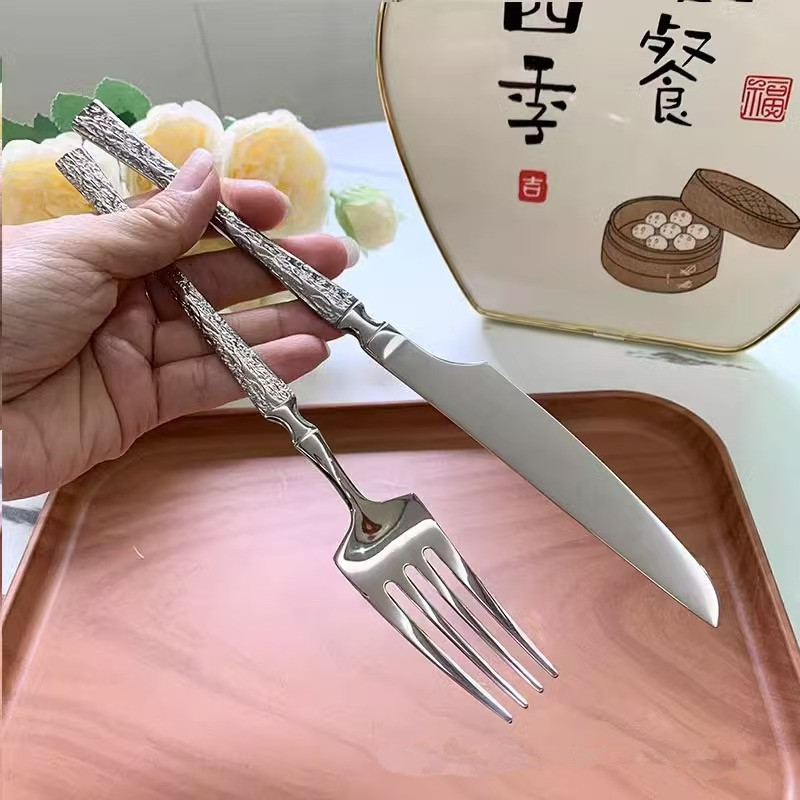高颜值精致不锈钢酒店西餐餐厅刀叉勺四组件小蛮腰牛排刀树纹餐具|undefined
