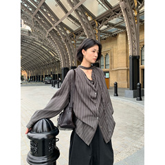 COMOS CMS 2025早秋新款荡领飘带条纹气质宽松高级感衬衫女255012