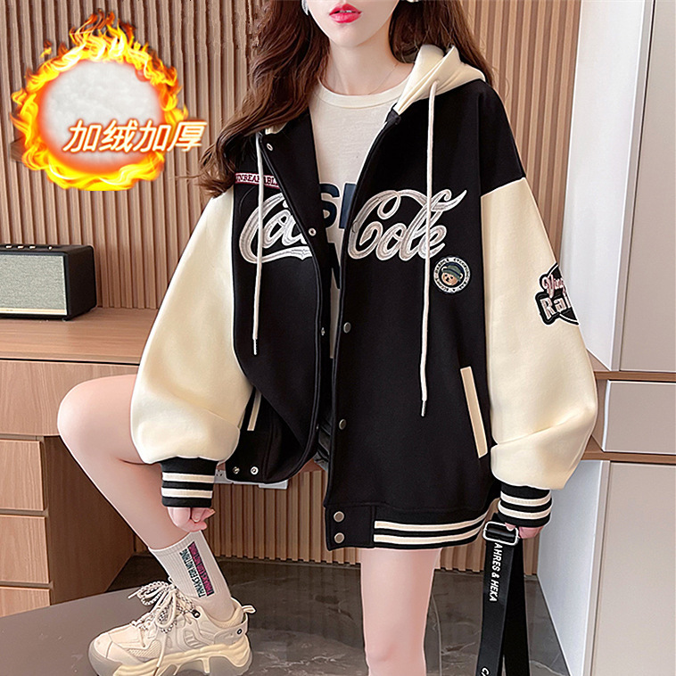 Baseball Suit Female Students Autumn and Winter New Velvet Thickened Korean Loose Embroidered Hooded Cardigan Sweater Coat Trendy Baseball Suit Female Students Autumn and Winter New Velvet Thickened Korean Loose Embroidered Hooded Cardigan Sweater Coat Trendy