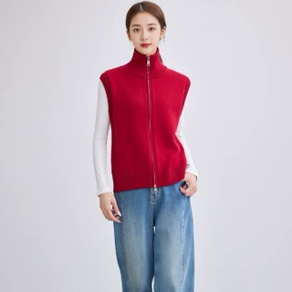 韩版全棉100%COTTON翻领拉链马甲纯色无袖坎肩26年秋冬百搭叠穿女
