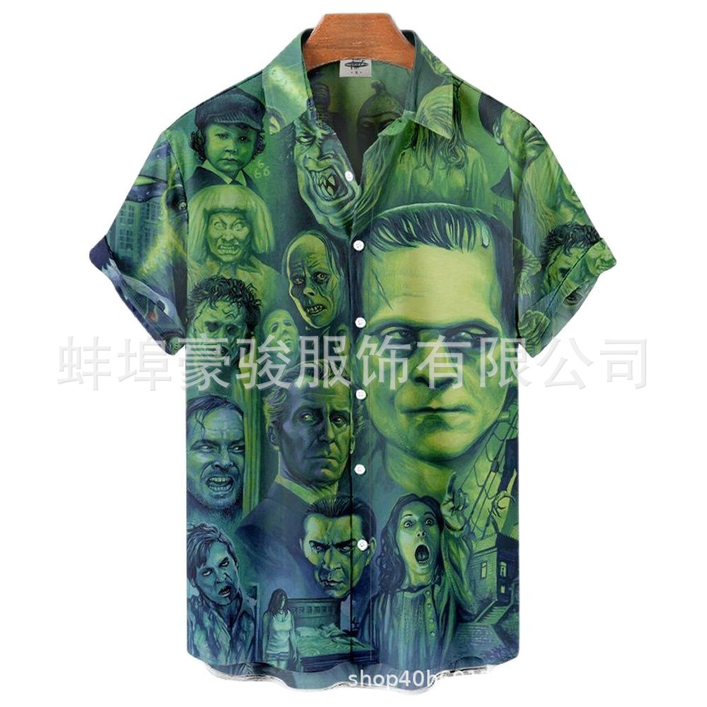 Comercio exterior transfronterizo de los hombres primavera europea y americana nueva solapa impresa en 3D manga corta a rayas retro camisa casual hombres al por mayor